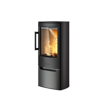 WIKING Miro 4+ kamin i mörkt stål med glaslucka och underlucka, låga synliga