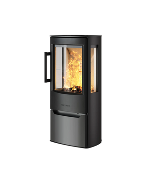 Kamin med glasruta, eldstad och underlucka, svartgrått hölje med handtag