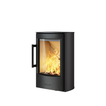 WIKING vägghängd kamin i svart stål med glasruta och synlig låga