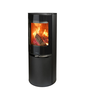 Aduro 9.8 Lux braskamin med välvd glasfront, integrerade handtag och effektiv vedeldning.