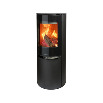 Aduro 9.8 Lux braskamin med välvd glasfront, integrerade handtag och effektiv vedeldning.