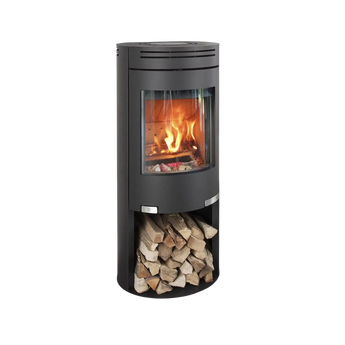 Modern kamin Aduro 1.4 i svart design med vedfack