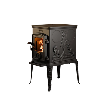 Dovre 101 CB gjutjärnskamin med dekorativa sidopaneler, glaslucka och klassisk design för effektiv vedeldning.