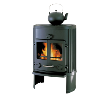 Morsö 1126 gjutjärnskamin med dubbla glasluckor, kokplatta och klassisk dansk design för effektiv vedeldning.