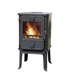 Morsö 1412 gjutjärnskamin med stor glaslucka, klassisk design och benställning för effektiv och miljövänlig vedeldning.