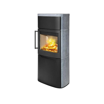 WIKING Pala 6 kamin med naturstensbeklädnad, svart front med glasruta