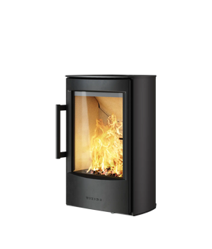 WIKING vägghängd kamin i svart stål med glasruta och synlig låga