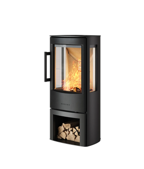 Kamin WIKING Miro 3+ med vedfack, svart hölje och glasruta för förbränning